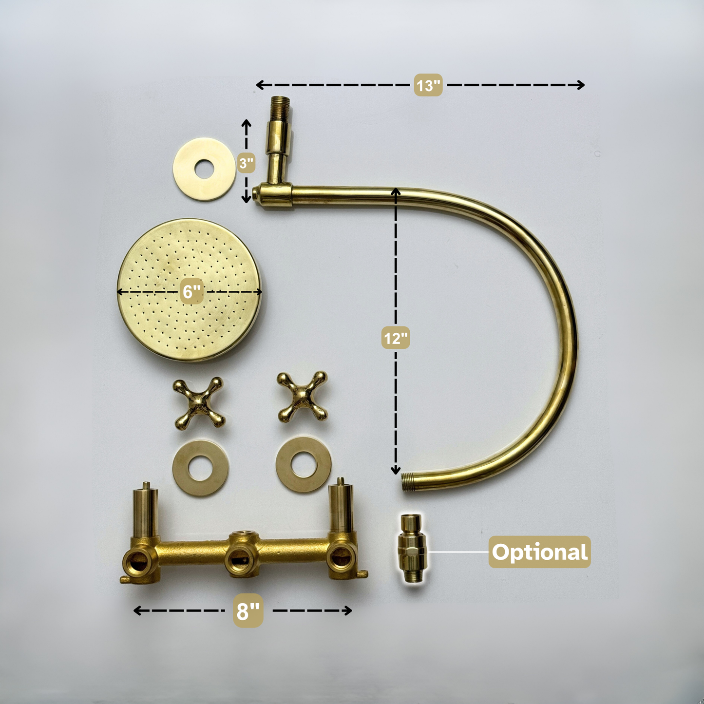 Unlacquered Brass Shower System with Adjustable Flat Round Rain Shower Head, Arcuate Arm and Cross Handles