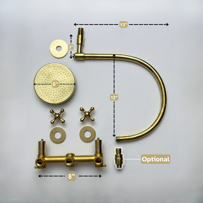 Unlacquered Brass Shower System with Adjustable Flat Round Rain Shower Head, Arcuate Arm and Cross Handles
