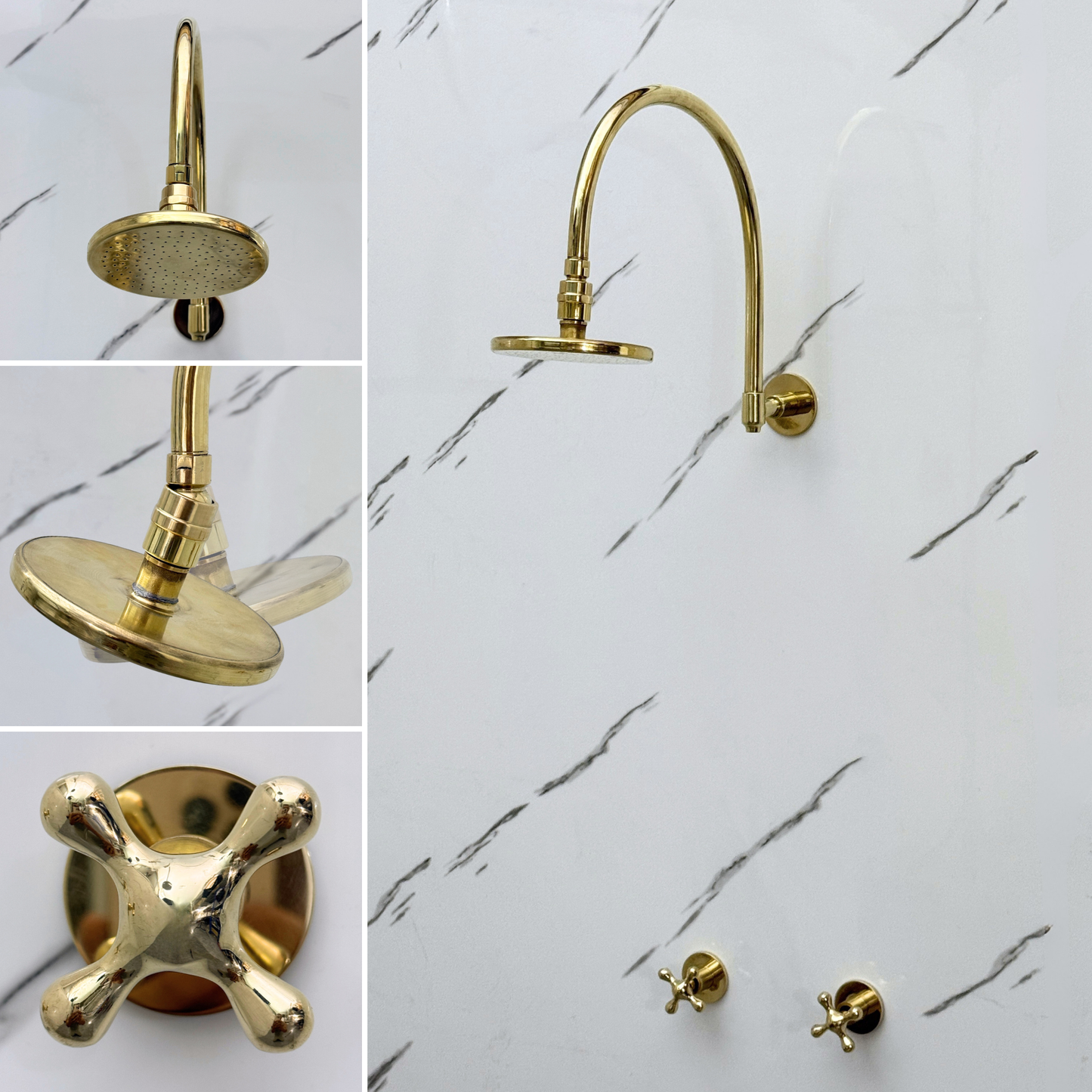 Unlacquered Brass Shower System with Adjustable Flat Round Rain Shower Head, Arcuate Arm and Cross Handles