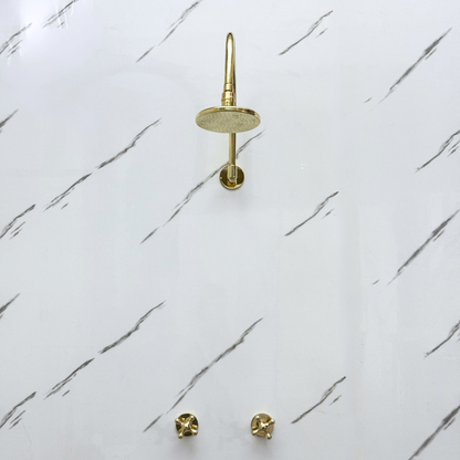 Unlacquered Brass Shower System with Adjustable Flat Round Rain Shower Head, Arcuate Arm and Cross Handles