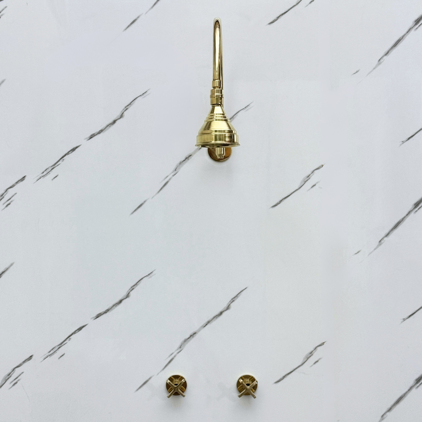 Unlacquered Brass Shower System with Adjustable Round Rain Shower Head, Arcuate Arm and Cross Handles