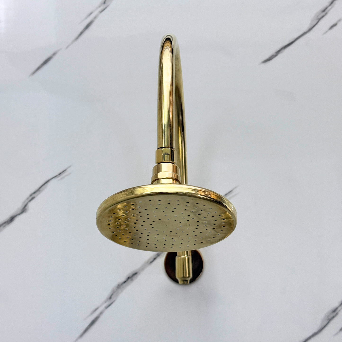 Unlacquered Brass Shower System with Adjustable Flat Round Rain Shower Head, Arcuate Arm and Cross Handles