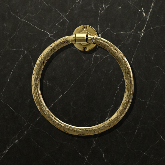 Unlacquered Brass Towel Holder, Hand Engraved Towel Hanger, Bathroom Wall Mounted Towel Ring