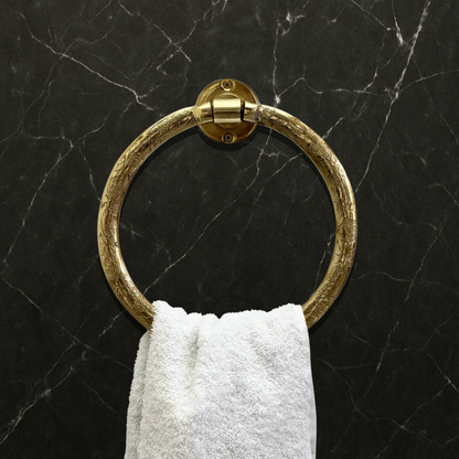 Unlacquered Brass Towel Holder, Hand Engraved Towel Hanger, Bathroom Wall Mounted Towel Ring