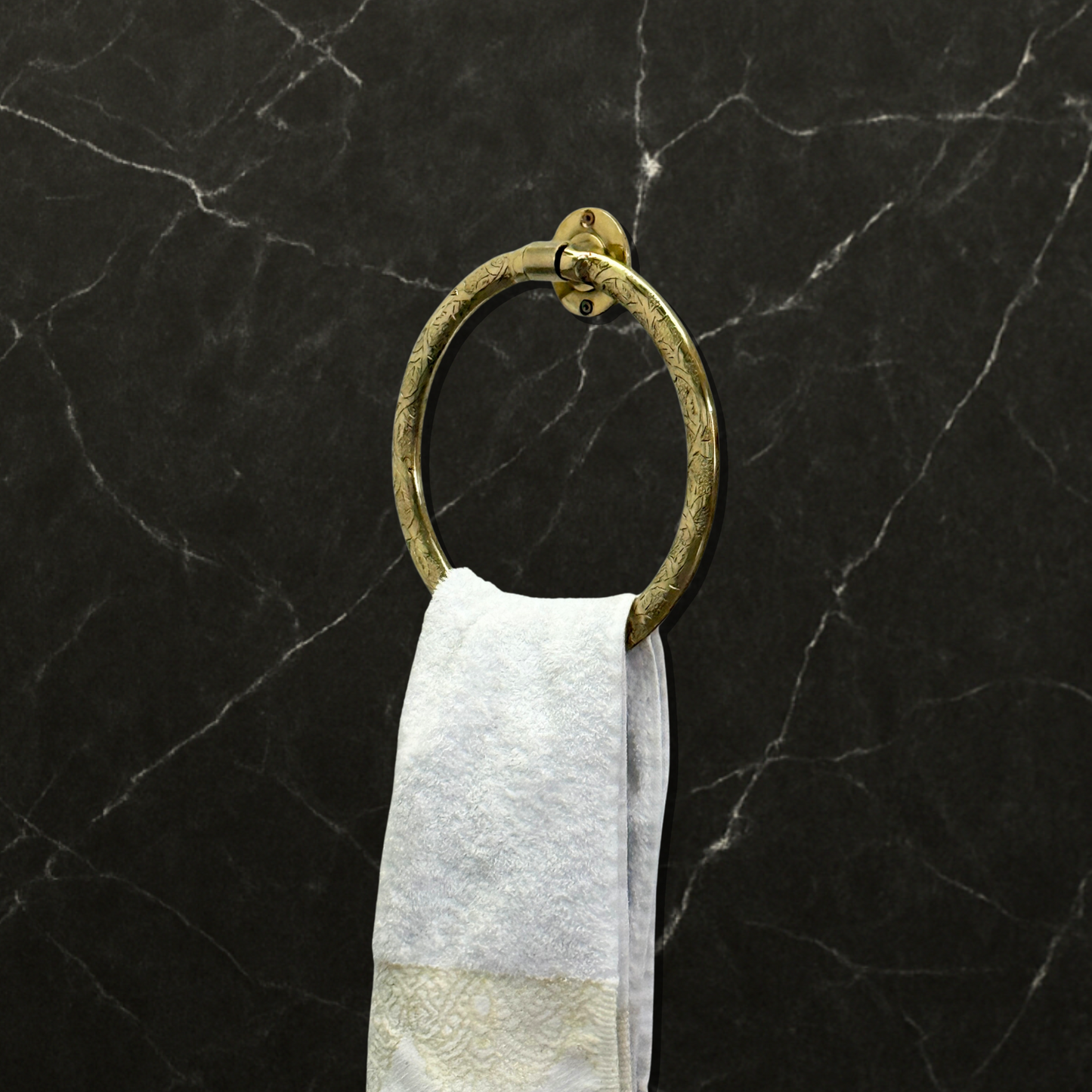 Unlacquered Brass Towel Holder, Hand Engraved Towel Hanger, Bathroom Wall Mounted Towel Ring
