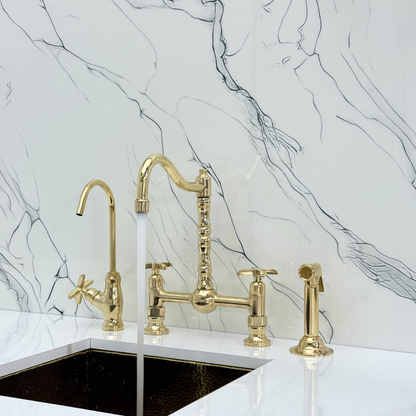 Unlacquered Brass Victorian Bridge Faucet with Ball Center, Sprayer, Cold Water Faucet, and Cross Handles