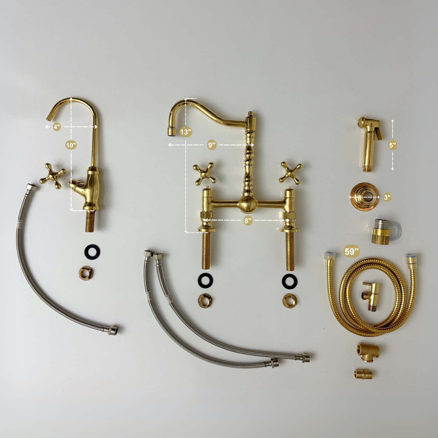 Unlacquered Brass Victorian Bridge Faucet with Ball Center, Sprayer, Cold Water Faucet, and Cross Handles
