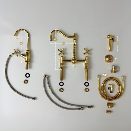 Unlacquered Brass Victorian Bridge Faucet with Ball Center, Sprayer, Cold Water Faucet, and Cross Handles