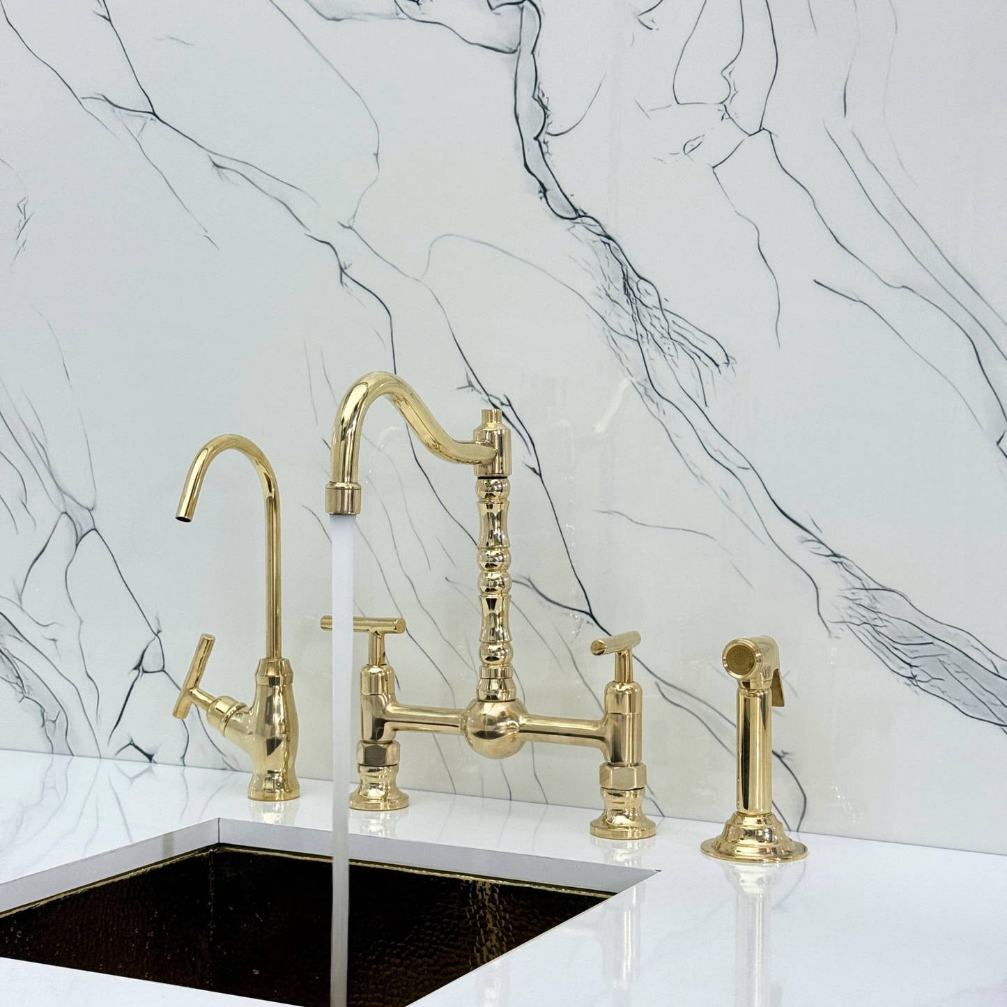 Unlacquered Brass Victorian Bridge Faucet with Ball Center, Sprayer, Cold Water Faucet, and Lever Handles