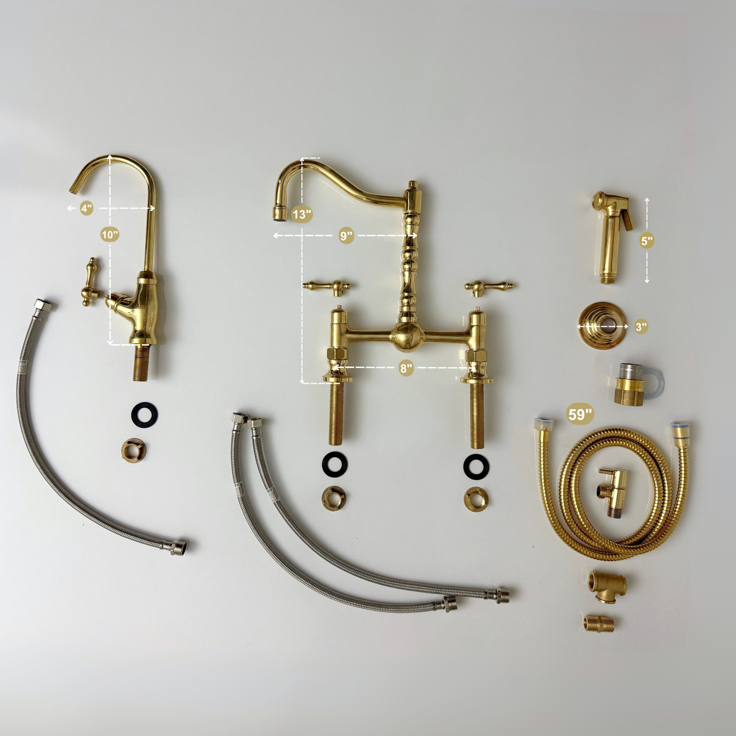 Unlacquered Brass Victorian Bridge Faucet with Ball Center, Sprayer, Cold Water Faucet, and Lever Handles