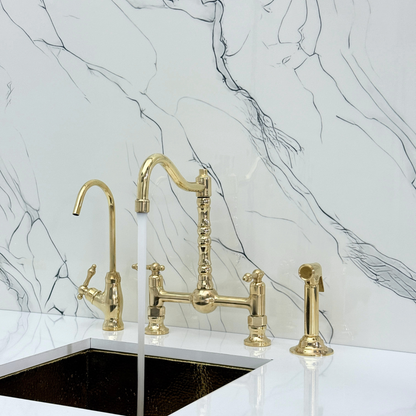 Unlacquered Brass Victorian Bridge Faucet with Ball Center, Sprayer, Cold Water Faucet, and Lever Handles
