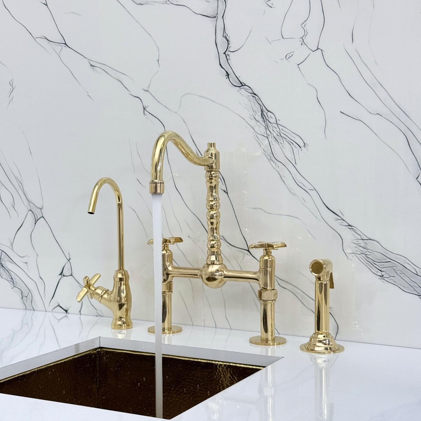 Unlacquered Brass Victorian Bridge Faucet with Sprayer, Cold Water Faucet, Straight Legs and Cross Handles