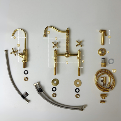 Unlacquered Brass Victorian Bridge Faucet with Sprayer, Cold Water Faucet, Straight Legs and Cross Handles
