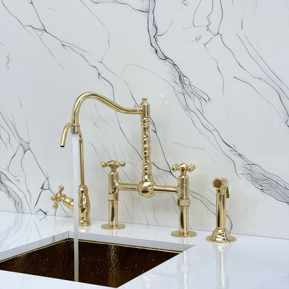 Unlacquered Brass Victorian Bridge Faucet with Sprayer, Cold Water Faucet, Straight Legs and Cross Handles