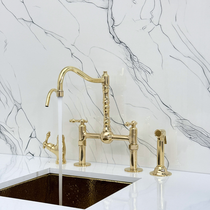 Unlacquered Brass Victorian Bridge Faucet with Sprayer, Cold Water Faucet, Straight Legs and Lever Handles