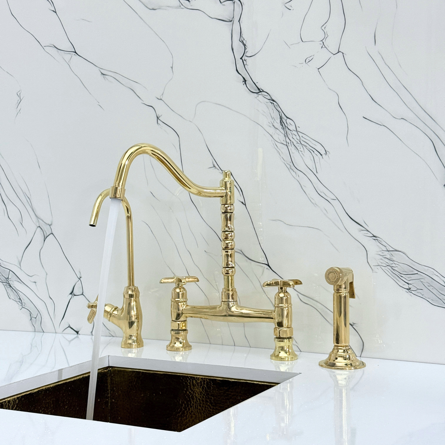 Unlacquered Brass Victorian Bridge Faucet with Cold Water Faucet, Sprayer and Cross Handles