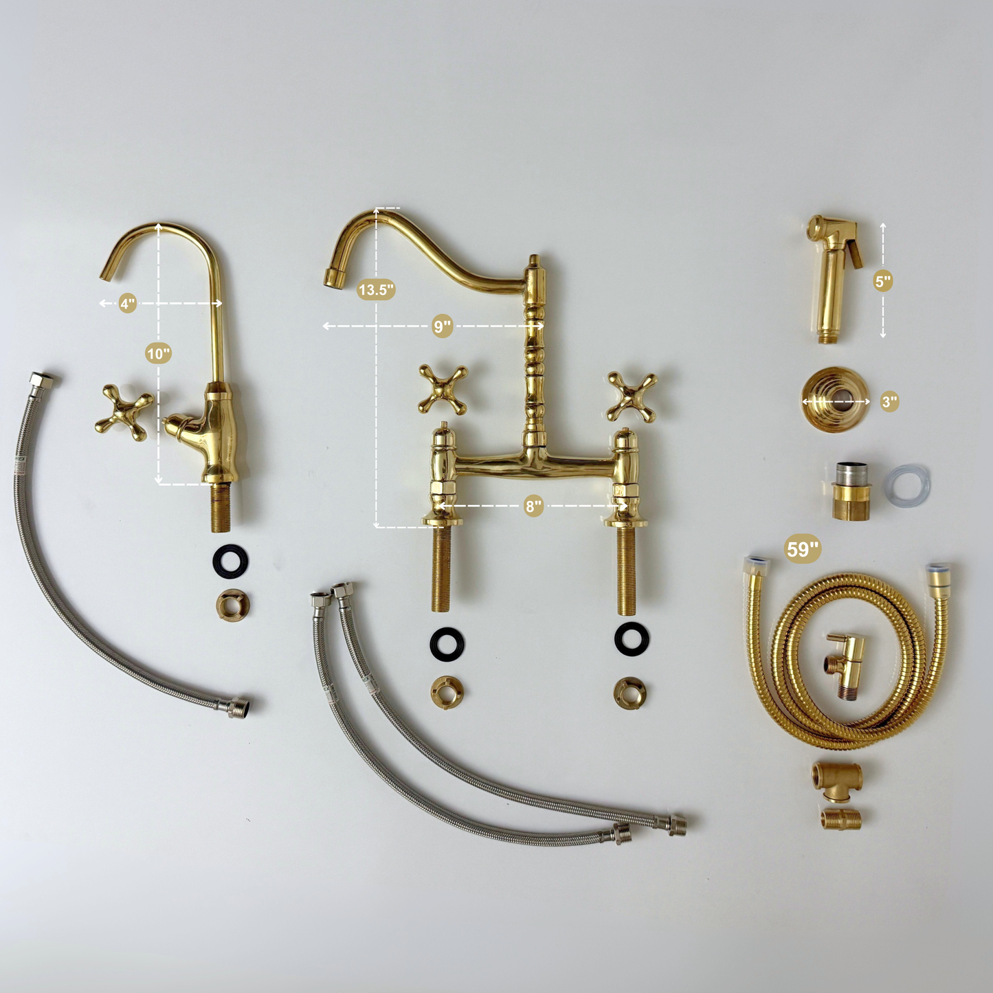 Unlacquered Brass Victorian Bridge Faucet with Cold Water Faucet, Sprayer and Cross Handles