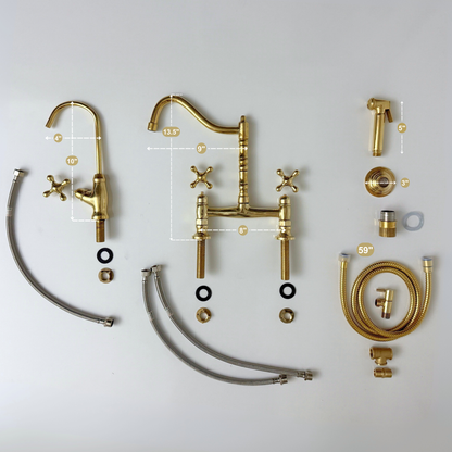 Unlacquered Brass Victorian Bridge Faucet with Cold Water Faucet, Sprayer and Cross Handles