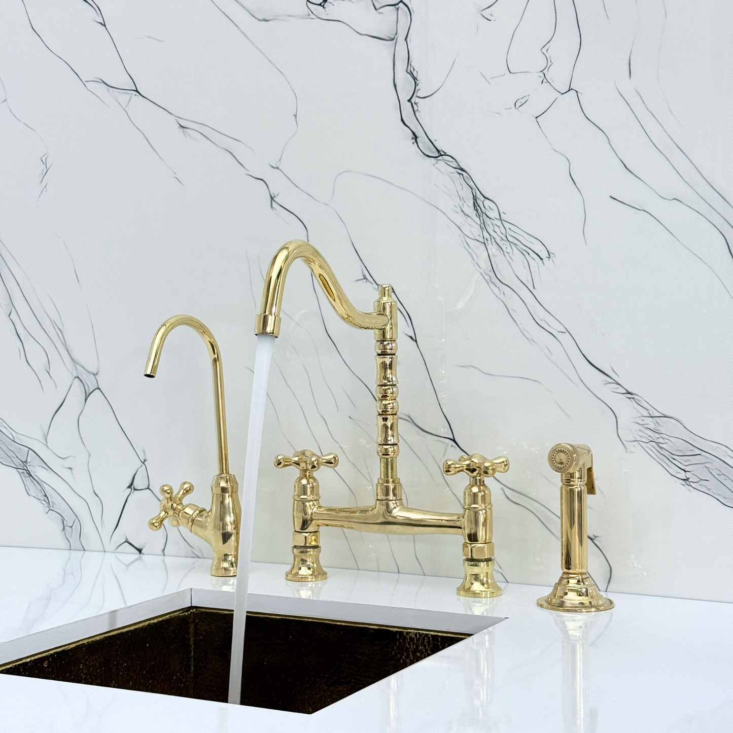 Unlacquered Brass Victorian Bridge Faucet with Cold Water Faucet, Sprayer and Cross Handles