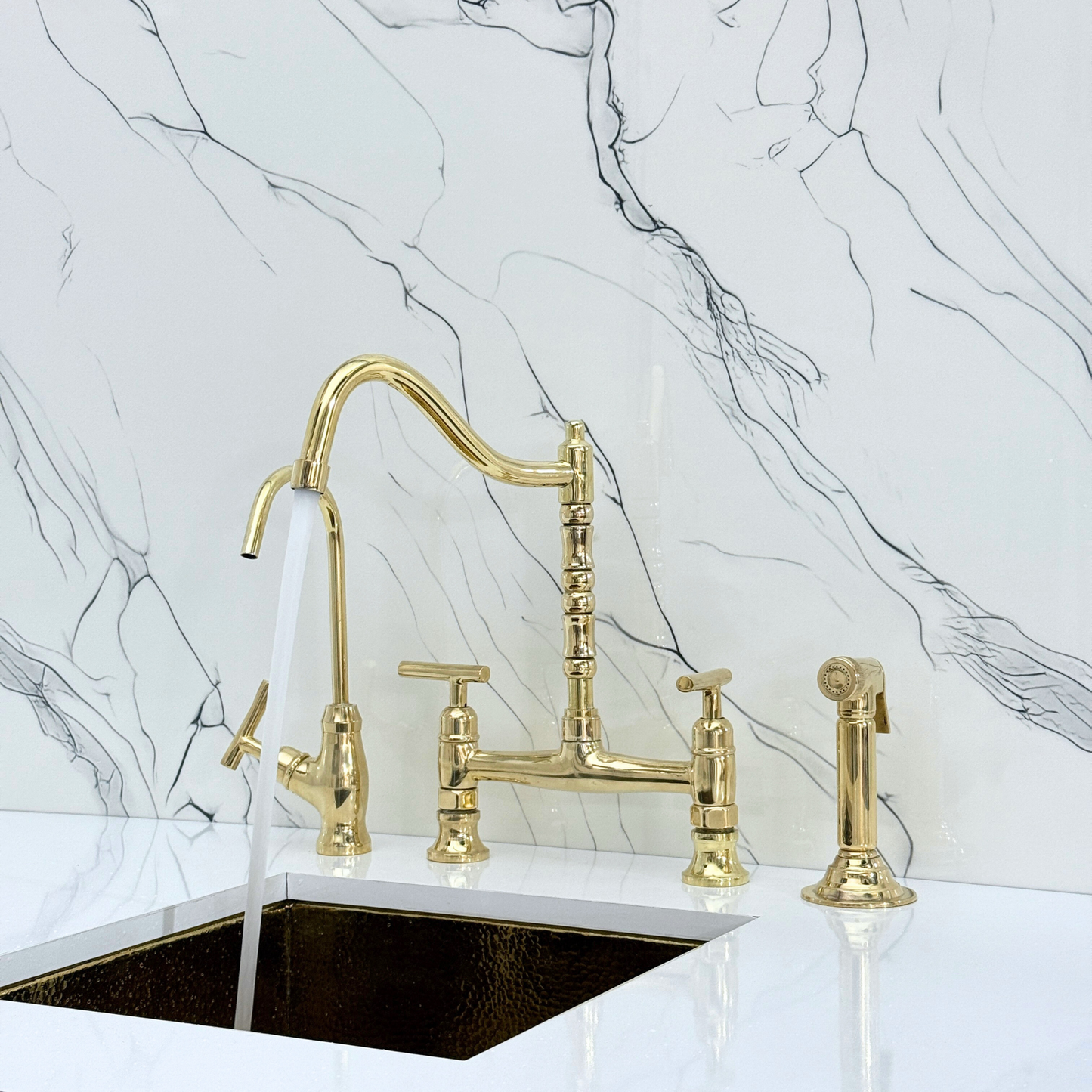 Unlacquered Brass Victorian Bridge Faucet with Cold Water Faucet, Sprayer and Lever Handles