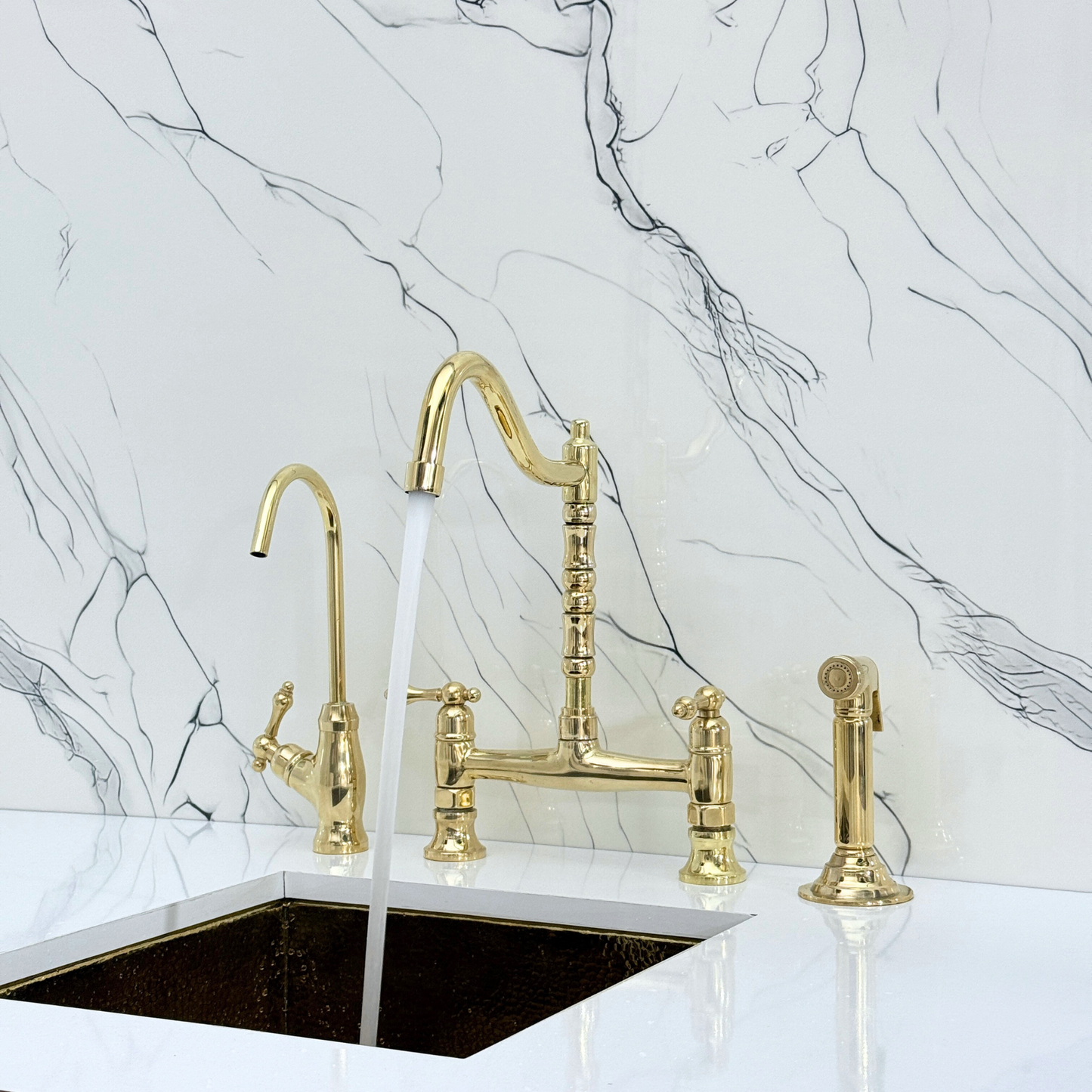 Unlacquered Brass Victorian Bridge Faucet with Cold Water Faucet, Sprayer and Lever Handles