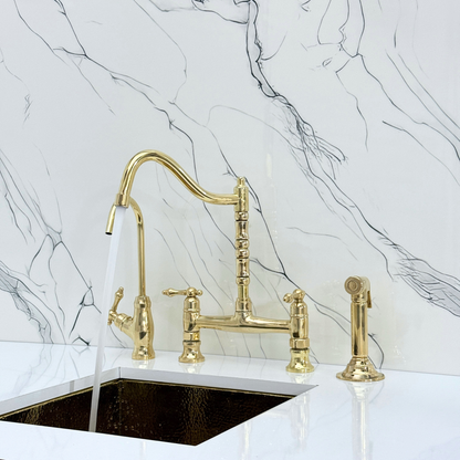 Unlacquered Brass Victorian Bridge Faucet with Cold Water Faucet, Sprayer and Lever Handles