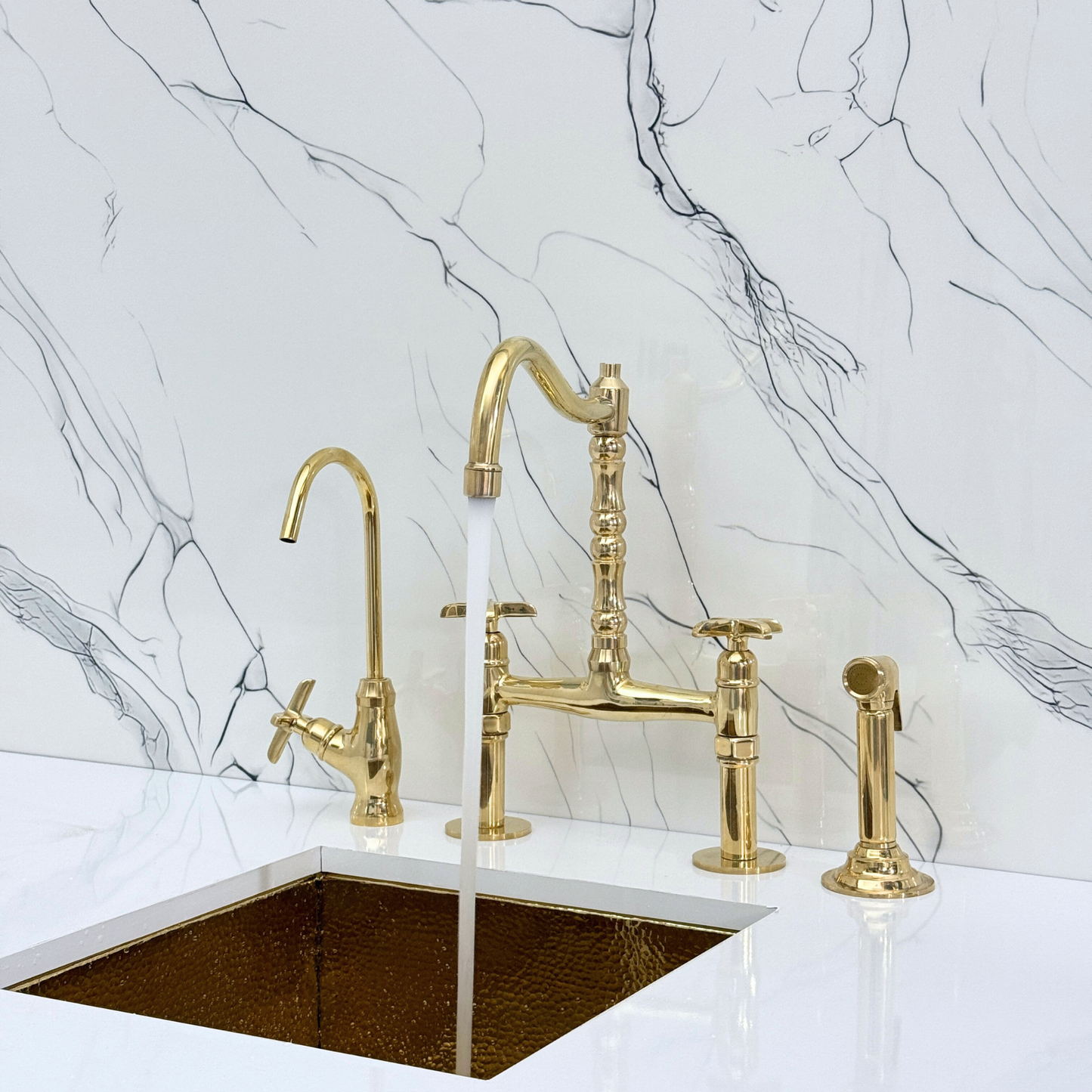 Unlacquered Brass Victorian Bridge Faucet with Sprayer, Cold Water Faucet and Cross Handles