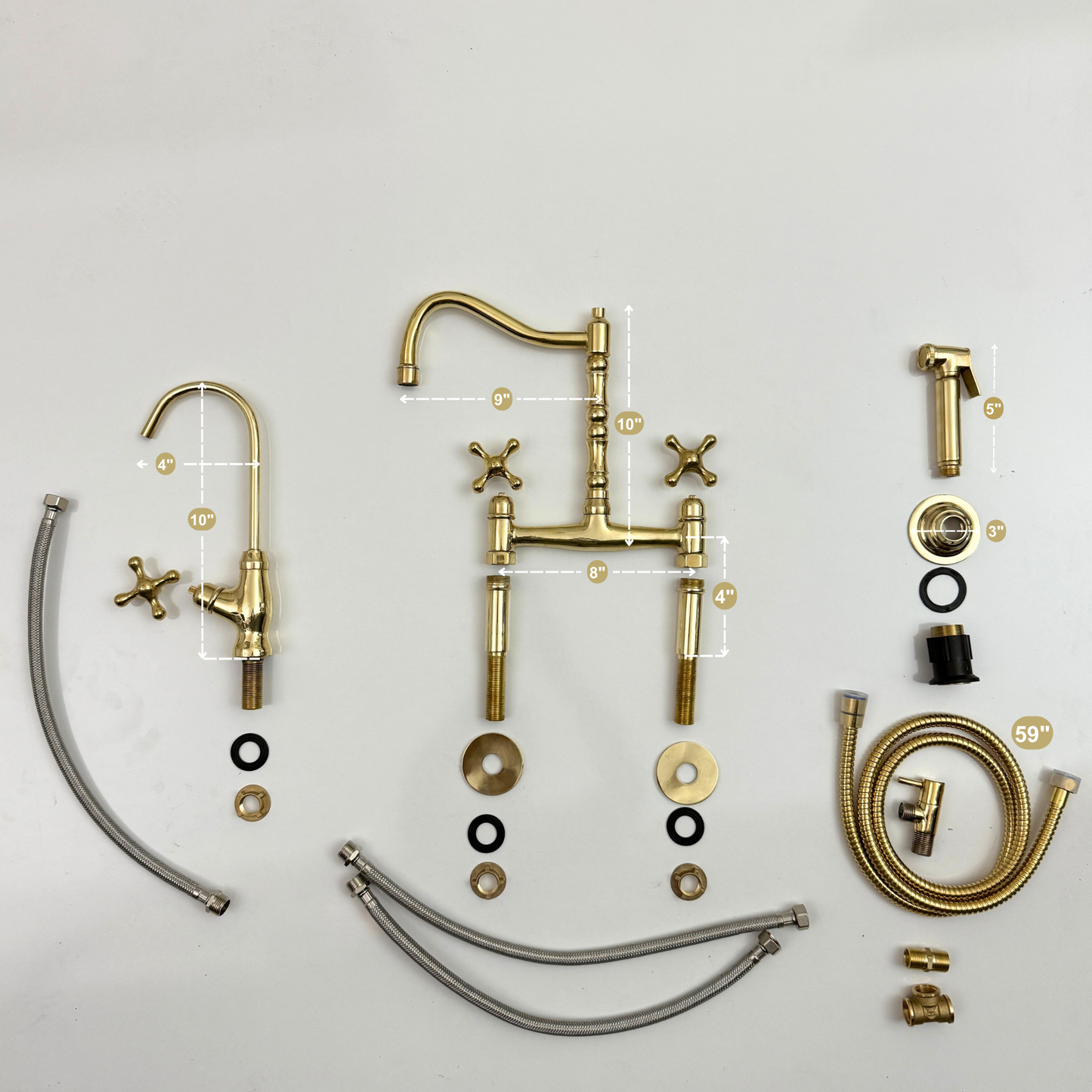 Unlacquered Brass Victorian Bridge Faucet with Sprayer, Cold Water Faucet and Cross Handles
