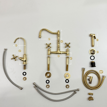 Unlacquered Brass Victorian Bridge Faucet with Sprayer, Cold Water Faucet and Cross Handles
