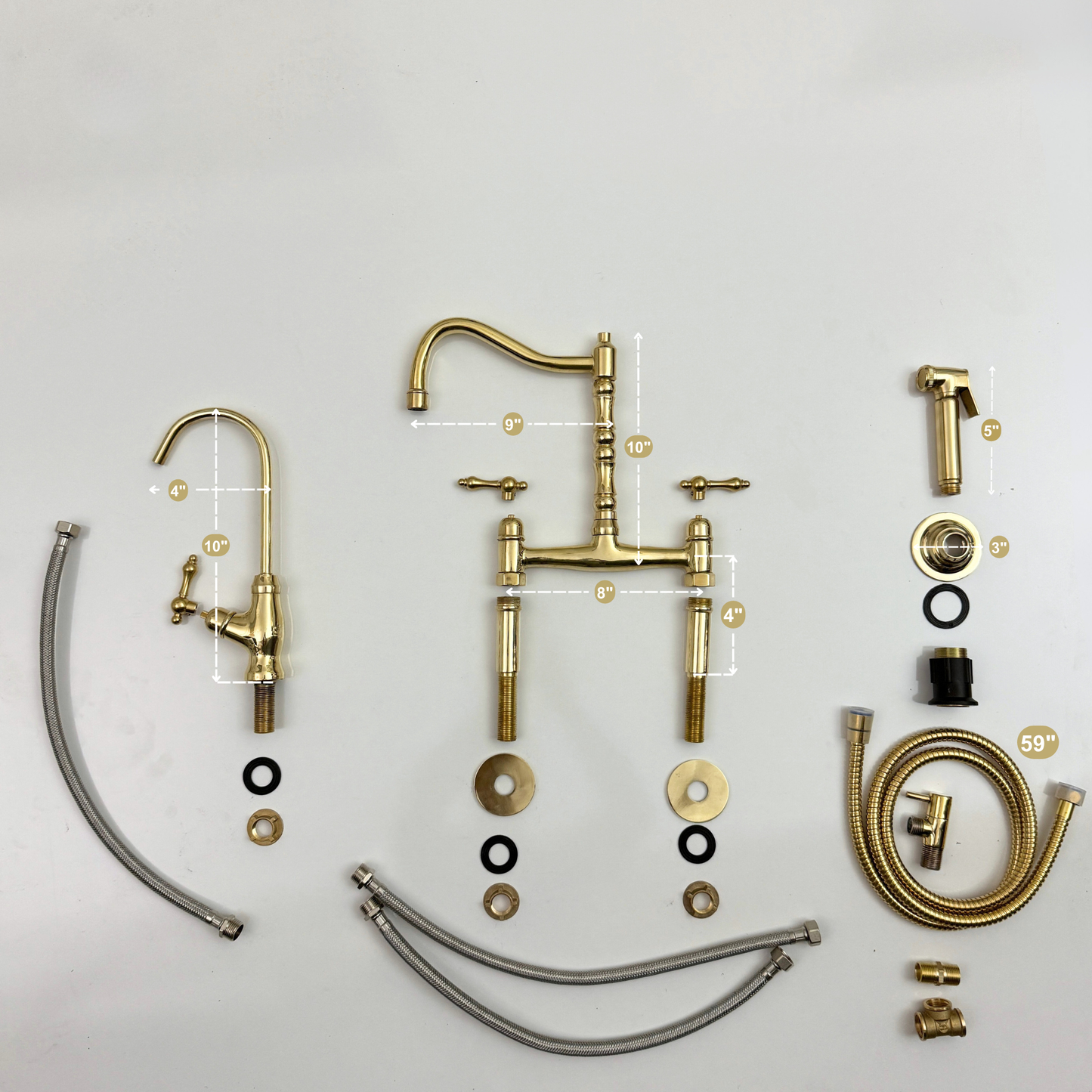 Unlacquered Brass Victorian Bridge Faucet with Sprayer, Cold Water Faucet and Lever Handles
