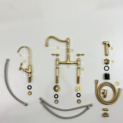 Unlacquered Brass Victorian Bridge Faucet with Sprayer, Cold Water Faucet and Lever Handles