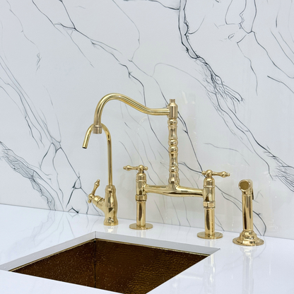 Unlacquered Brass Victorian Bridge Faucet with Sprayer, Cold Water Faucet and Lever Handles