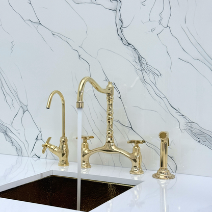 Unlacquered Brass Victorian Bridge Kitchen Faucet with Sprayer, Drinking Water Tap and Cross Handles