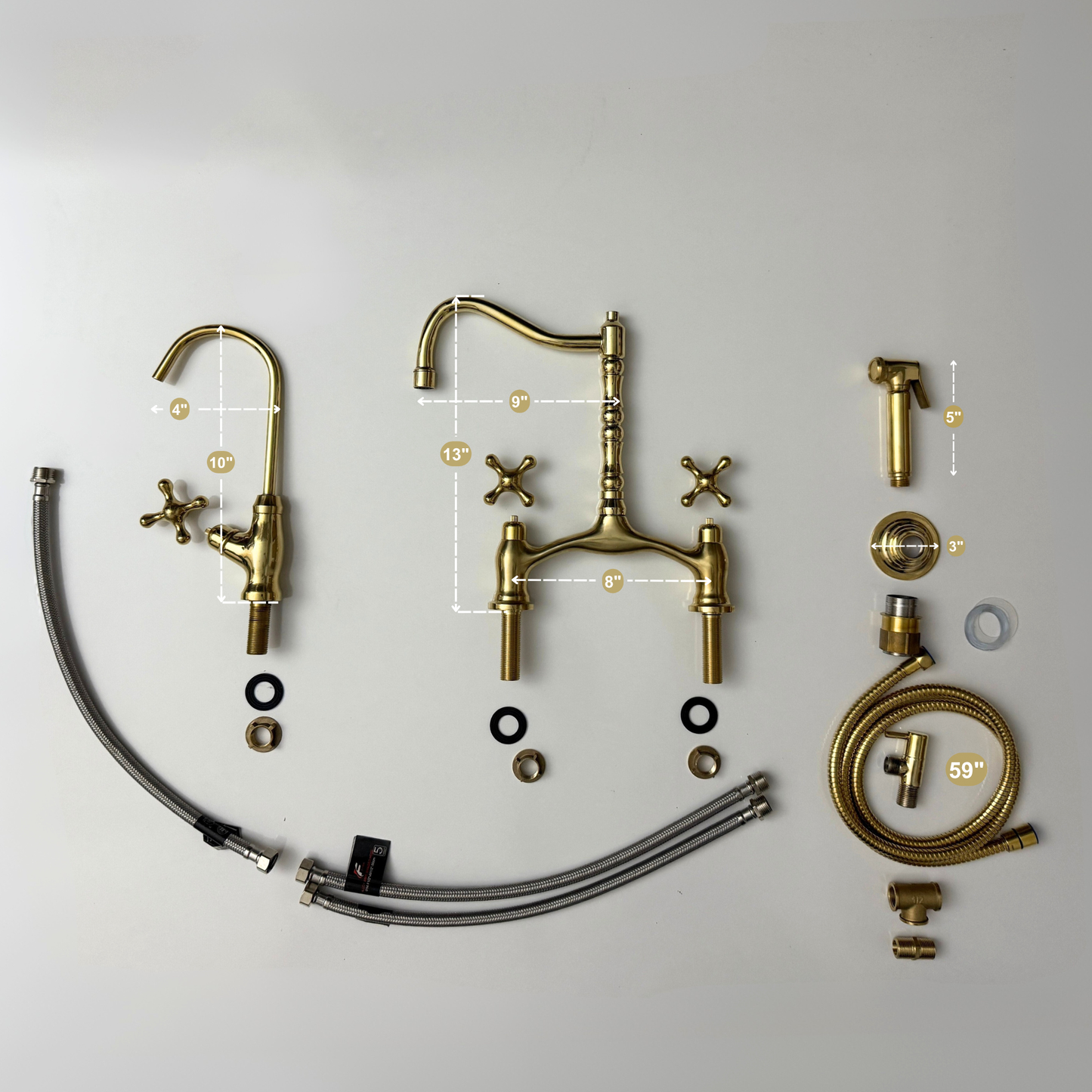 Unlacquered Brass Victorian Bridge Kitchen Faucet with Sprayer, Drinking Water Tap and Cross Handles