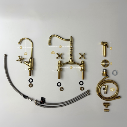 Unlacquered Brass Victorian Bridge Kitchen Faucet with Sprayer, Drinking Water Tap and Cross Handles
