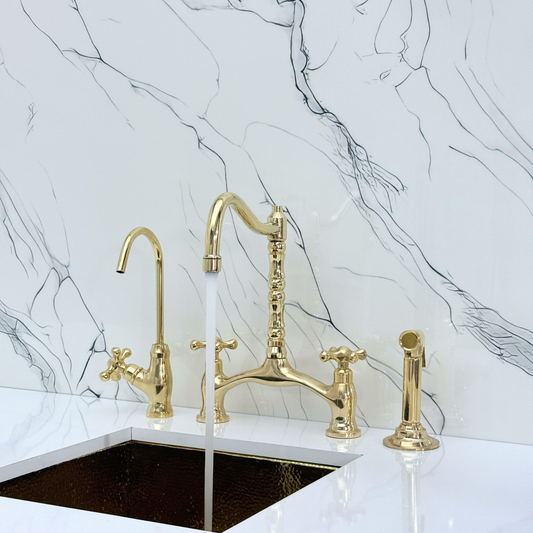Unlacquered Brass Victorian Bridge Kitchen Faucet with Sprayer, Drinking Water Tap and Cross Handles