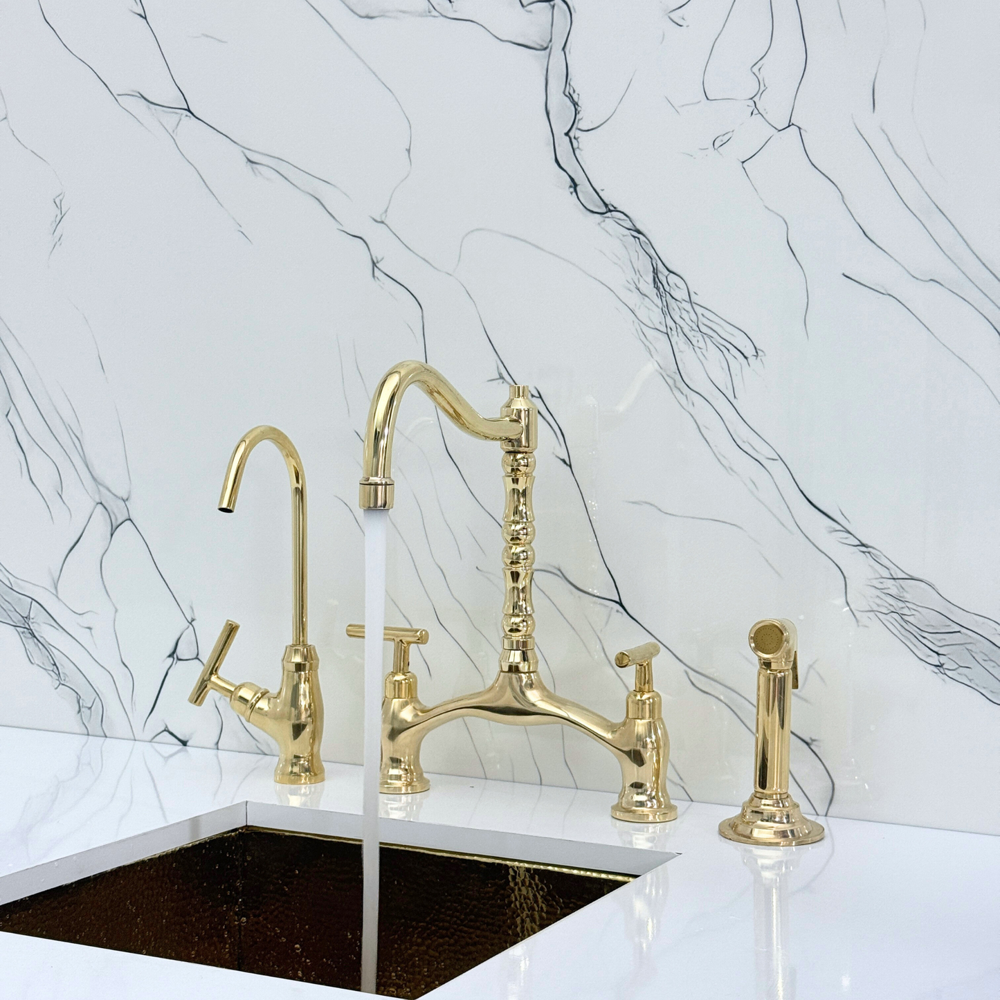 Unlacquered Brass Victorian Bridge Kitchen Faucet with Sprayer, Drinking Water Tap and Lever Handles