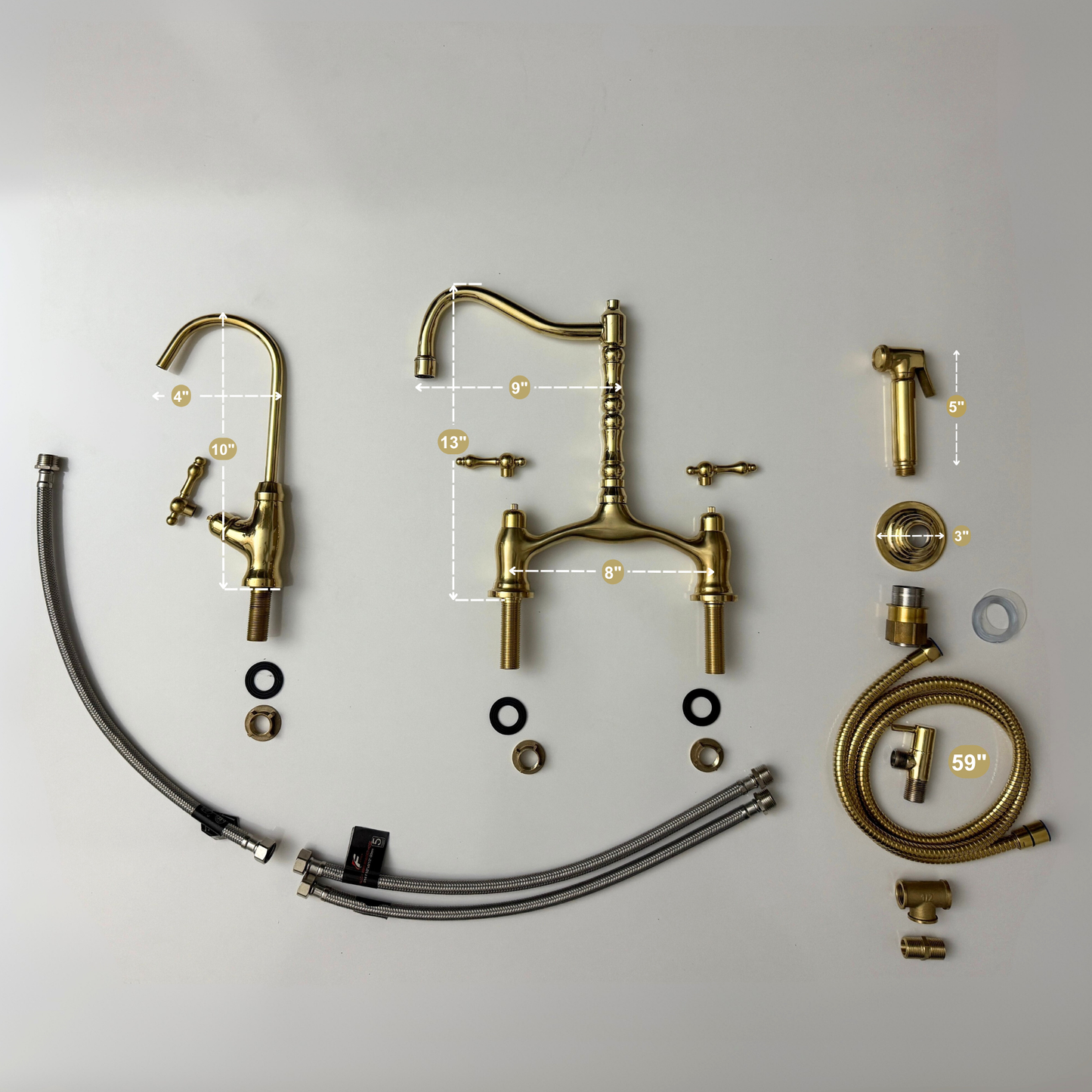 Unlacquered Brass Victorian Bridge Kitchen Faucet with Sprayer, Drinking Water Tap and Lever Handles