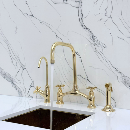 Unlacquered Brass Vintage Bridge Kitchen Faucet with Sprayer, Drinking Water Tap and Cross Handles