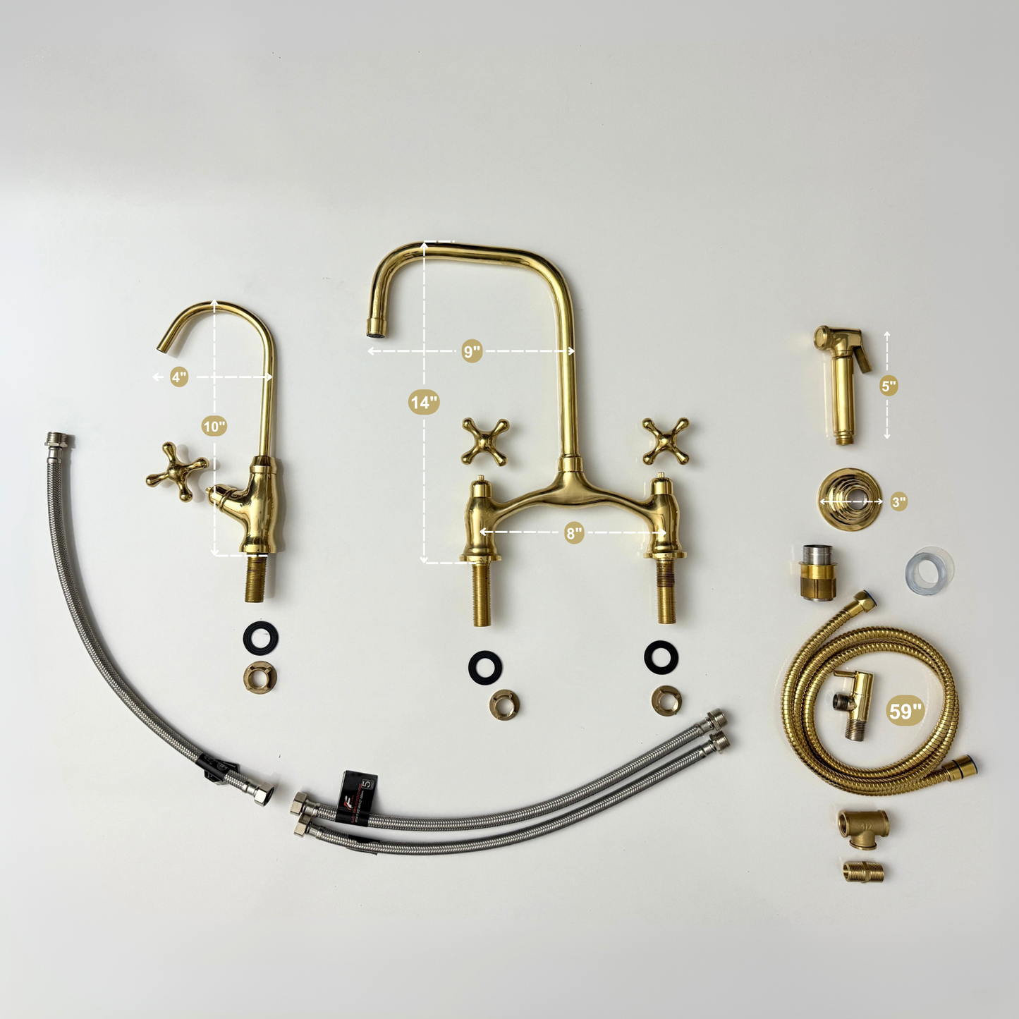 Unlacquered Brass Vintage Bridge Kitchen Faucet with Sprayer, Drinking Water Tap and Cross Handles