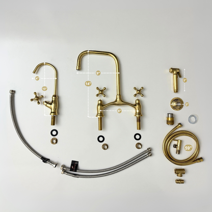 Unlacquered Brass Vintage Bridge Kitchen Faucet with Sprayer, Drinking Water Tap and Cross Handles