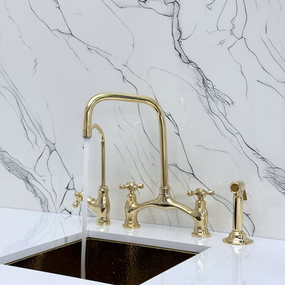 Unlacquered Brass Vintage Bridge Kitchen Faucet with Sprayer, Drinking Water Tap and Cross Handles