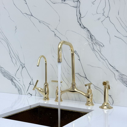 Unlacquered Brass Vintage Bridge Kitchen Faucet with Sprayer, Drinking Water Tap and Lever Handles