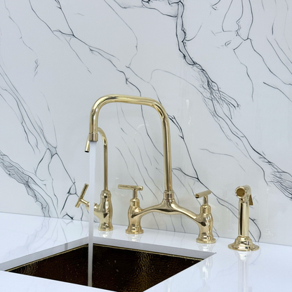 Unlacquered Brass Vintage Bridge Kitchen Faucet with Sprayer, Drinking Water Tap and Lever Handles