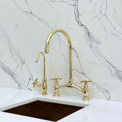 Unlacquered Brass Bridge Antique Faucet with Sprayer, Drinking Water Tap and Cross Handles