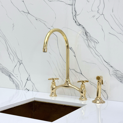 Unlacquered Brass Bridge Antique Faucet with Sprayer, Drinking Water Tap and Cross Handles