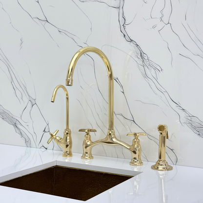 Unlacquered Brass Bridge Antique Faucet with Sprayer, Drinking Water Tap and Cross Handles