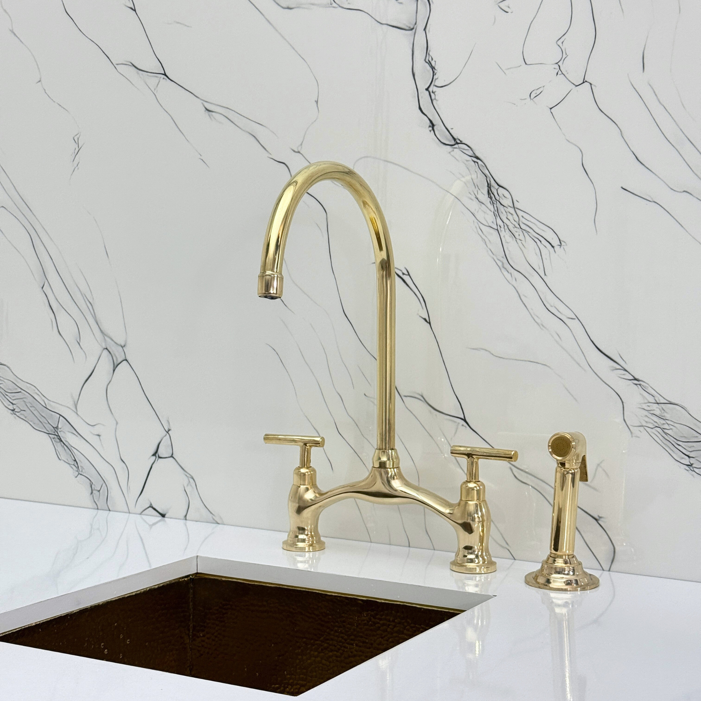 Unlacquered Brass Bridge Antique Faucet with Sprayer, Drinking Water Tap and Lever Handles