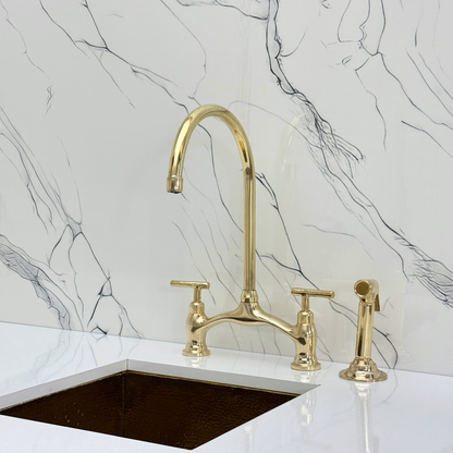 Unlacquered Brass Bridge Antique Faucet with Sprayer, Drinking Water Tap and Lever Handles
