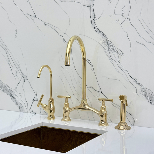 Unlacquered Brass Bridge Antique Faucet with Sprayer, Drinking Water Tap and Lever Handles